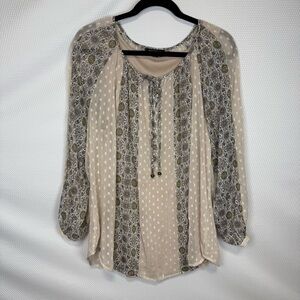 Roz & Ali 2pc. Sz 1X Beige Floral Boho Peasant Sheer Blouse with Tank Tie Neck